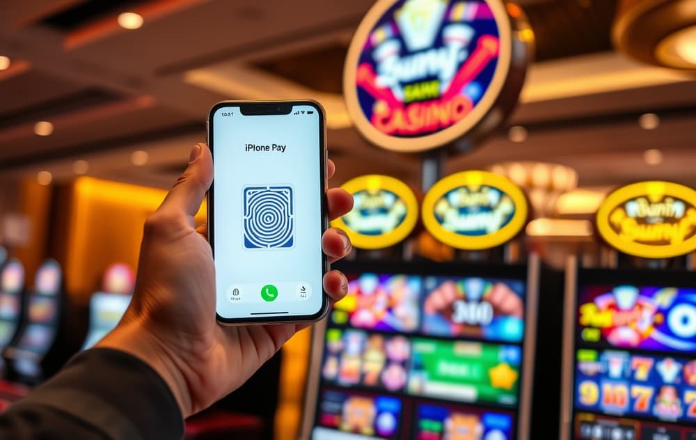iPhone med Apple Pay og Face ID foran en spilleautomat i et moderne casino.