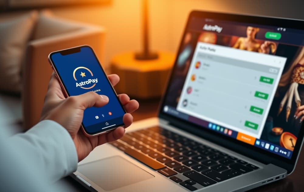 Person som bruker AstroPay-appen på mobilen for å sette inn penger på et nettcasino via laptop.