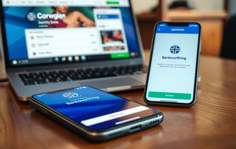 Mobiltelefon med norsk bankapp som viser vellykket uttak, med casino-kasse i bakgrunnen.