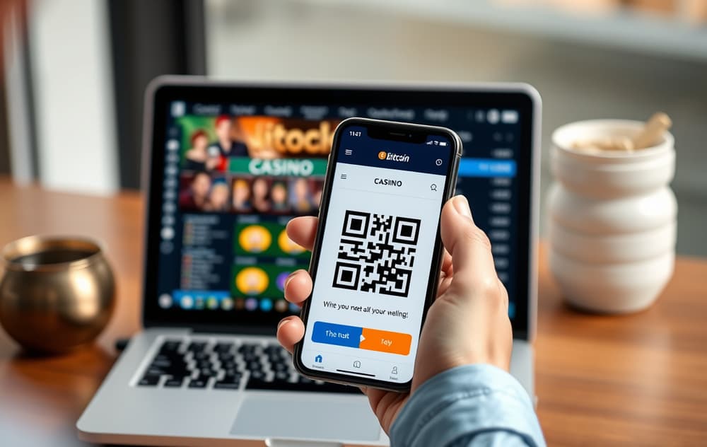 Person som skanner en Bitcoin QR-kode på mobilen for innskudd på et nettcasino.