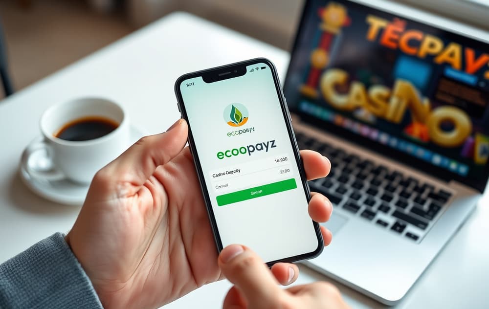 Person med Ecopayz-app på mobilen foran en laptop med casino i bakgrunnen.