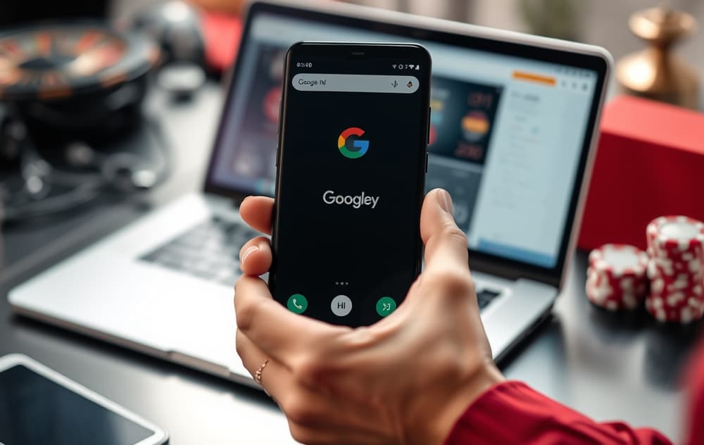Person med Android-telefon som viser Google Pay-betaling foran en casino-skjerm