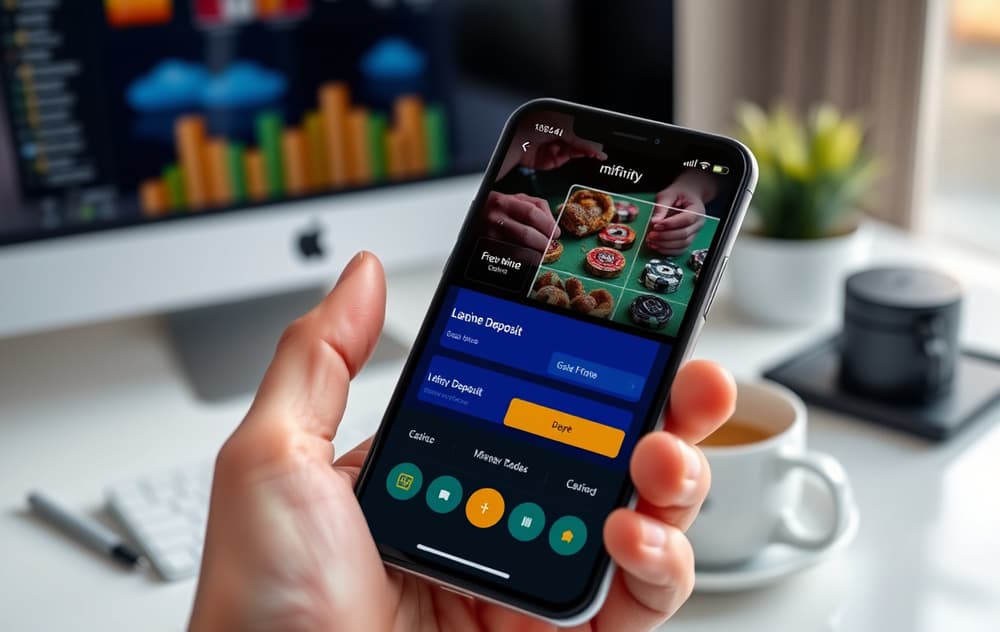 Person som holder en mobiltelefon med MiFinity-appen åpen, med et nettcasino synlig i bakgrunnen.
