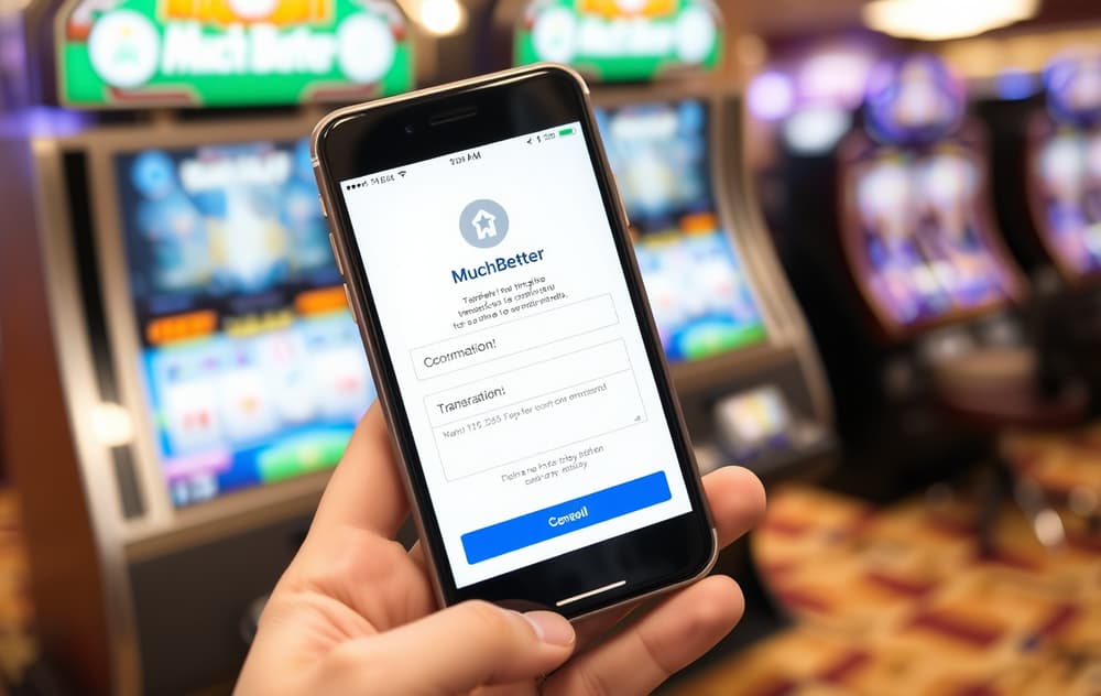 Person som holder en mobiltelefon med MuchBetter-appen åpen for å bekrefte en casino-transaksjon.