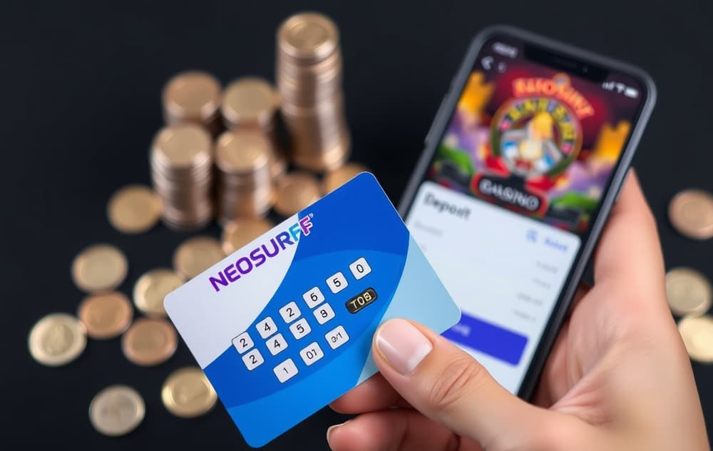 Hånd som holder Neosurf-kupong med PIN-kode, mobiltelefon med casino-innskuddsskjerm og mynter i bakgrunnen.