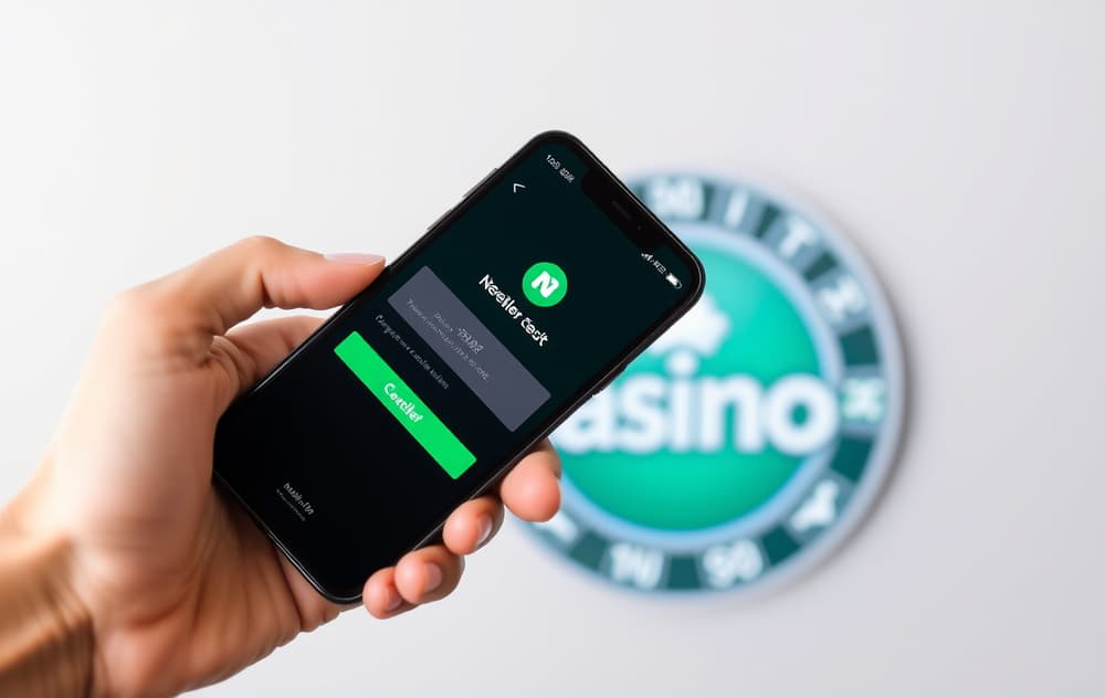 Smarttelefon med Neteller-appen og et casino-logo i bakgrunnen, viser innskuddsbekreftelse.