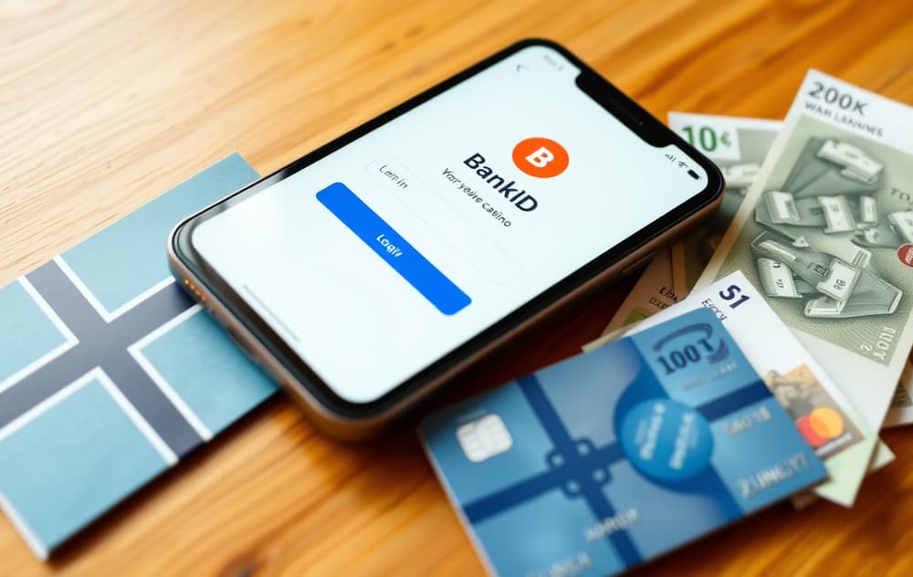 Smarttelefon med BankID-pålogging for Pay n Play casino, med kredittkort og sedler på bordet