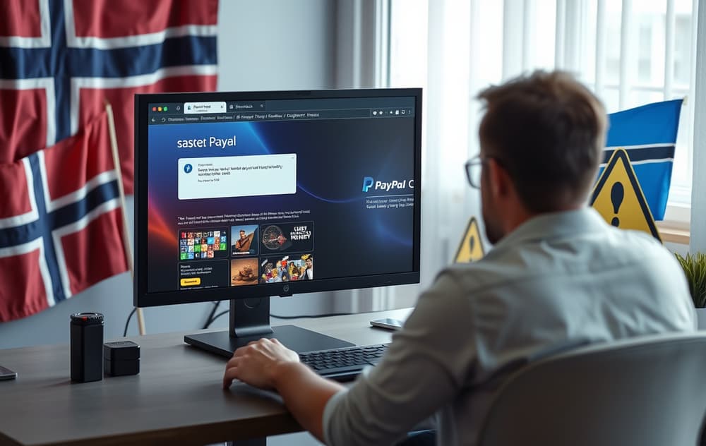 En person prøver å sette inn penger på et casino med PayPal, men får feilmelding. Norsk flagg og advarselsskilt i bakgrunnen.