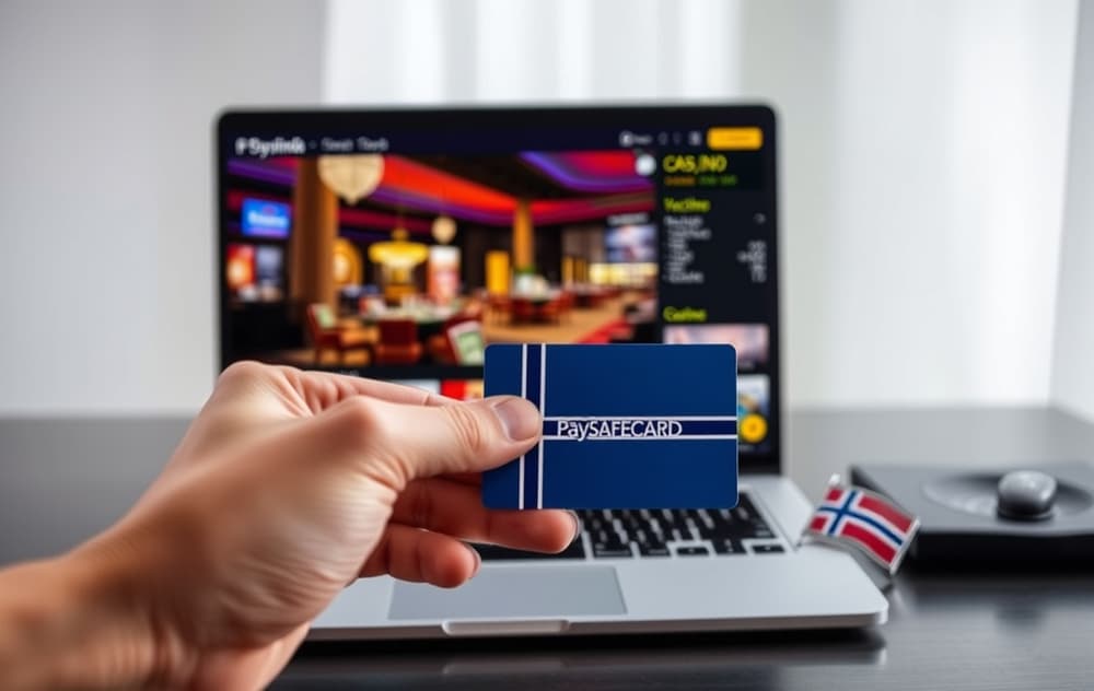 Person som holder en Paysafecard-kupong foran en laptop med et casino på skjermen, norsk flagg på pulten.