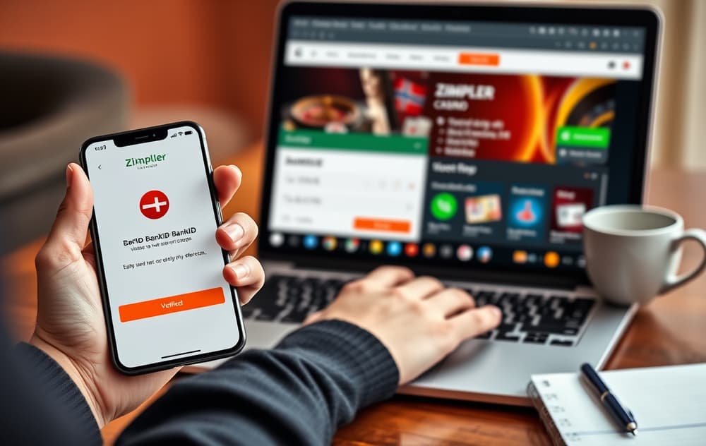 Person som bekrefter betaling med Zimpler via BankID på mobil foran en laptop med casinokasse
