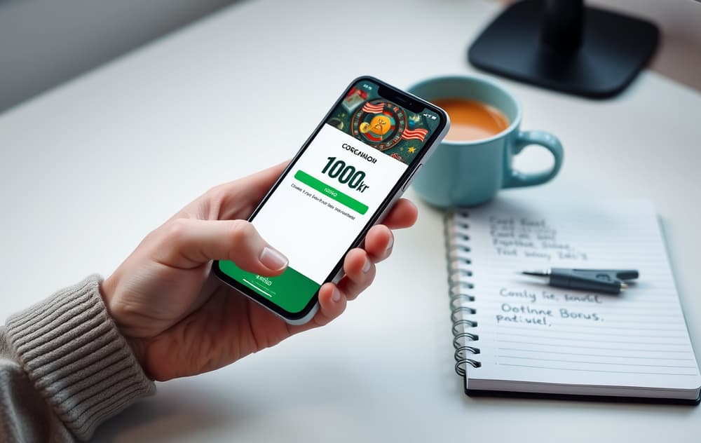 Norsk spiller med mobiltelefon som viser 100 kr gratis bonus fra et nettcasino.
