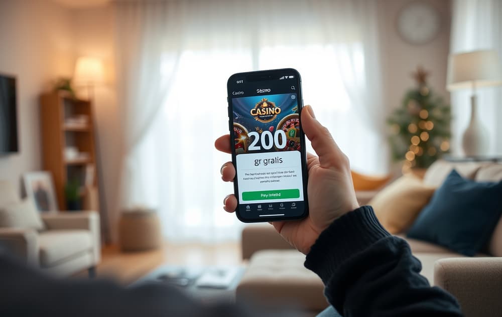 Person med mobil som viser 200 kr gratis bonus på et norsk nettcasino