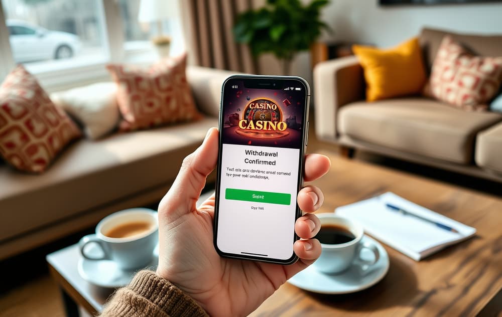 En person holder en mobiltelefon med en casino-app som viser en uttakskvittering, i en norsk stue med kaffekopp.
