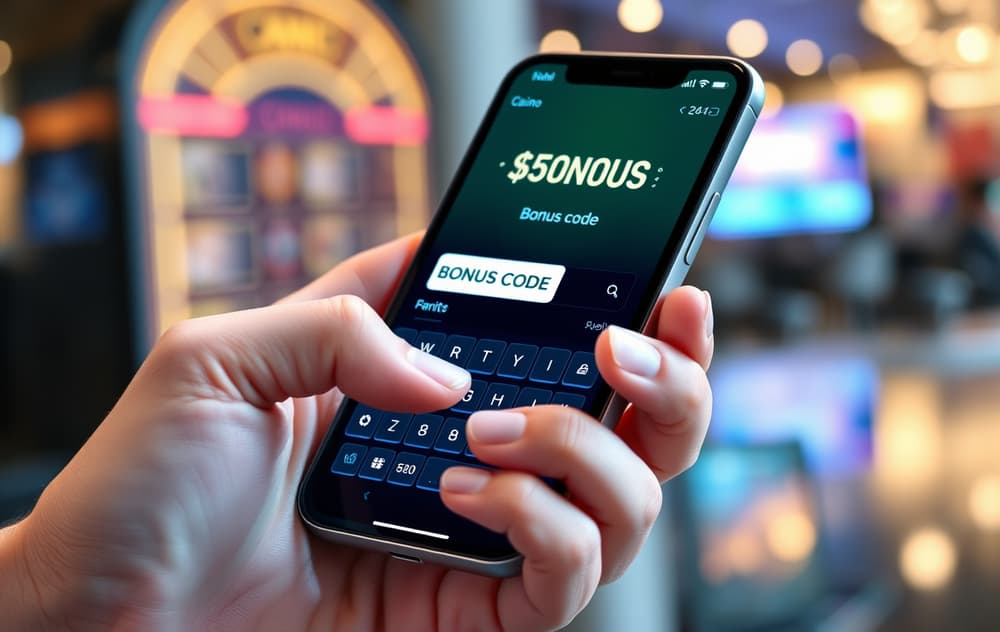 Person som skriver inn bonuskode på mobiltelefon foran et casino