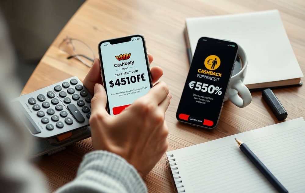 Person som beregner cashback på kalkulator med mobiltelefon og notatbok på skrivebord