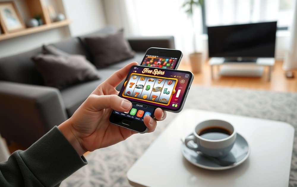 Person som holder en mobiltelefon med et spilleautomatspill og en freespins-melding på skjermen, i en stue.
