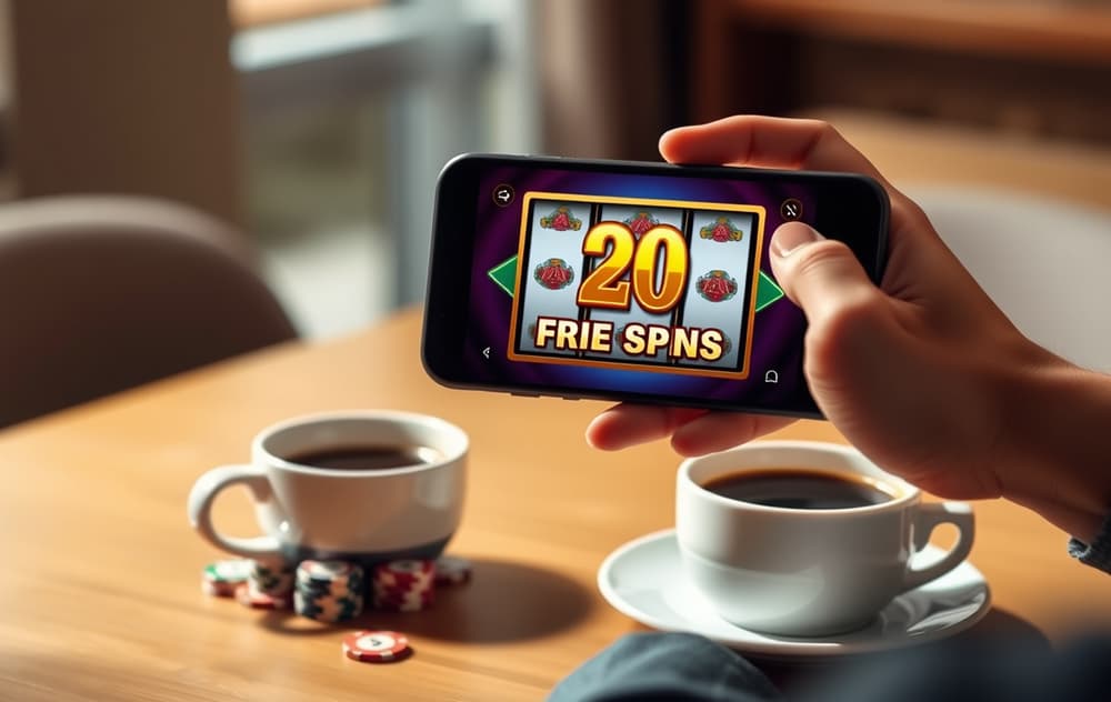 Person med mobiltelefon som viser gratisspinn på en spilleautomat, med kasinojetonger og kaffekopp på bordet.