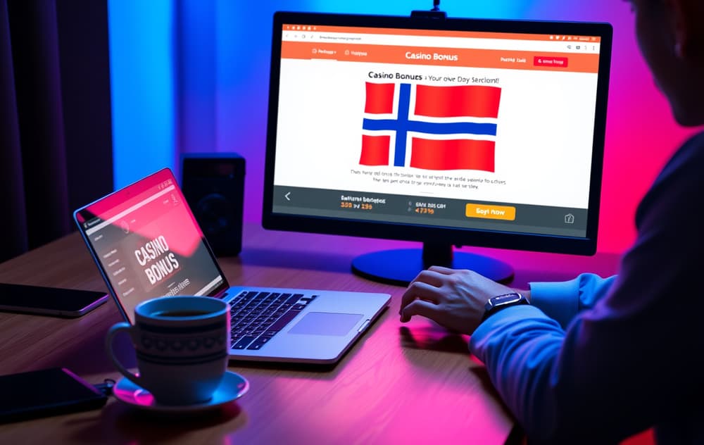 En person som ser på en laptop med casinobonus, kalkulator og kaffekopp, norsk flagg på skjermen.