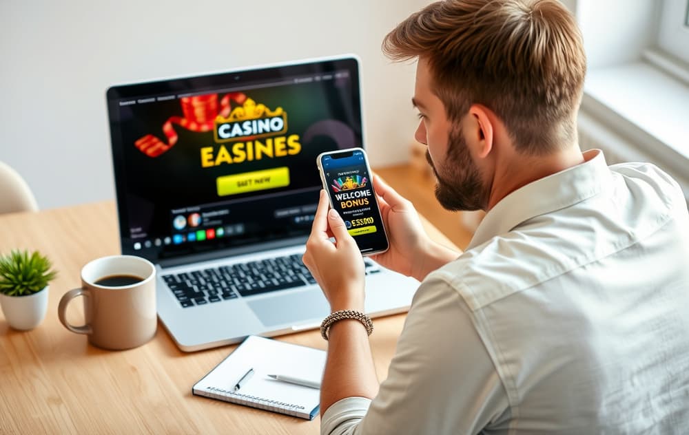 Person som sitter ved et skrivebord med laptop og mobiltelefon som viser en velkomstbonus, med notatblokk og kaffekopp.