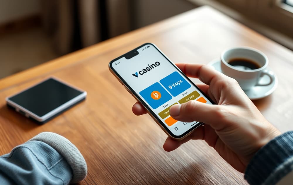 En hånd som holder en mobiltelefon med et betalingsskjermbilde fra et casino, med Vipps og Bitcoin-logoer synlig.