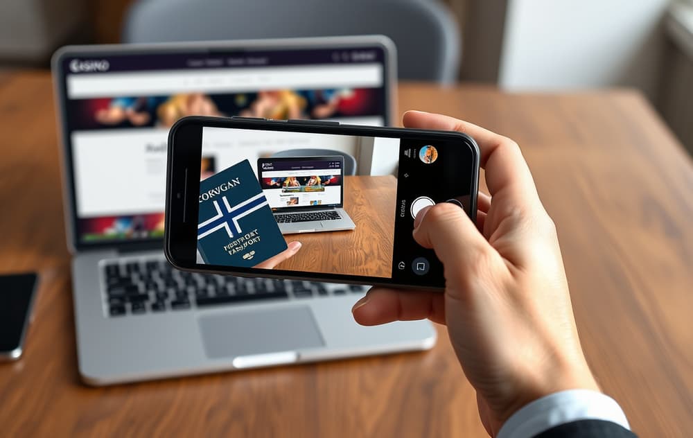 Person tar bilde av pass for casino-verifisering