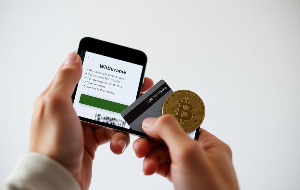 Person som holder mobilskjerm med bekreftelse på casino uttak, ved siden av bankkort og Bitcoin-symbol
