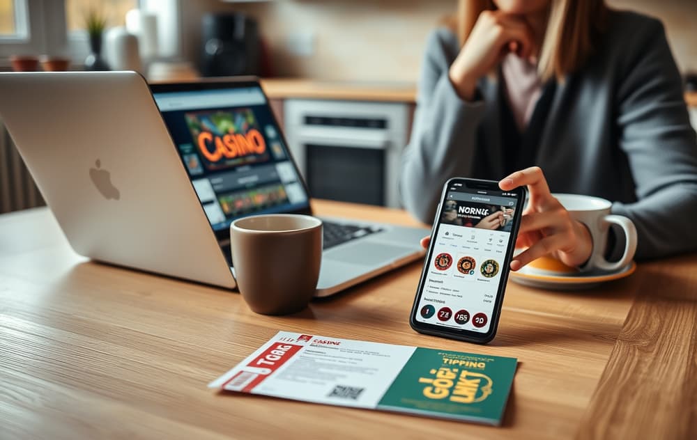 En person sitter ved et kjøkkenbord med laptop, kaffekopp og mobiltelefon som viser et casinoapp. Ved siden av ligger en Norsk Tipping-lottokupong.