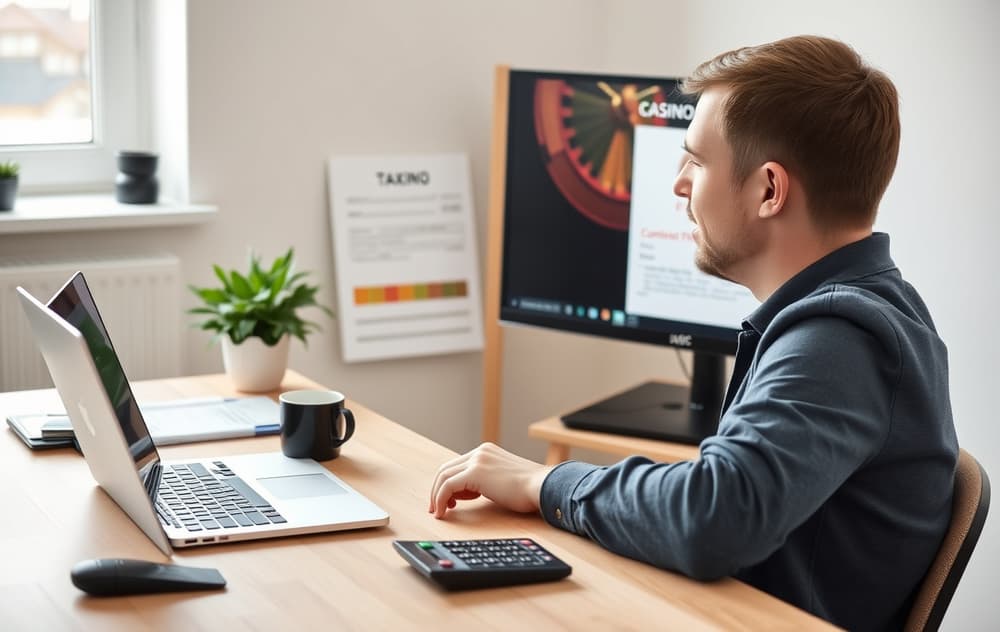 Person som fyller ut skattemelding for casino-gevinst ved et skrivebord med kalkulator og laptop.