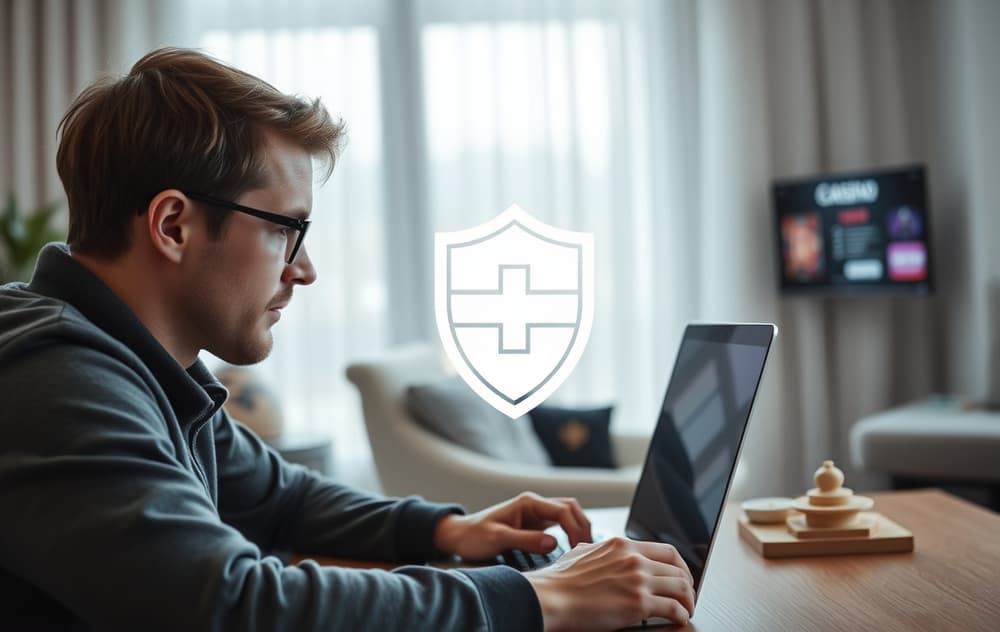Norsk spiller foran laptop med skjoldikon som symboliserer spillernes rettigheter, realistisk foto.