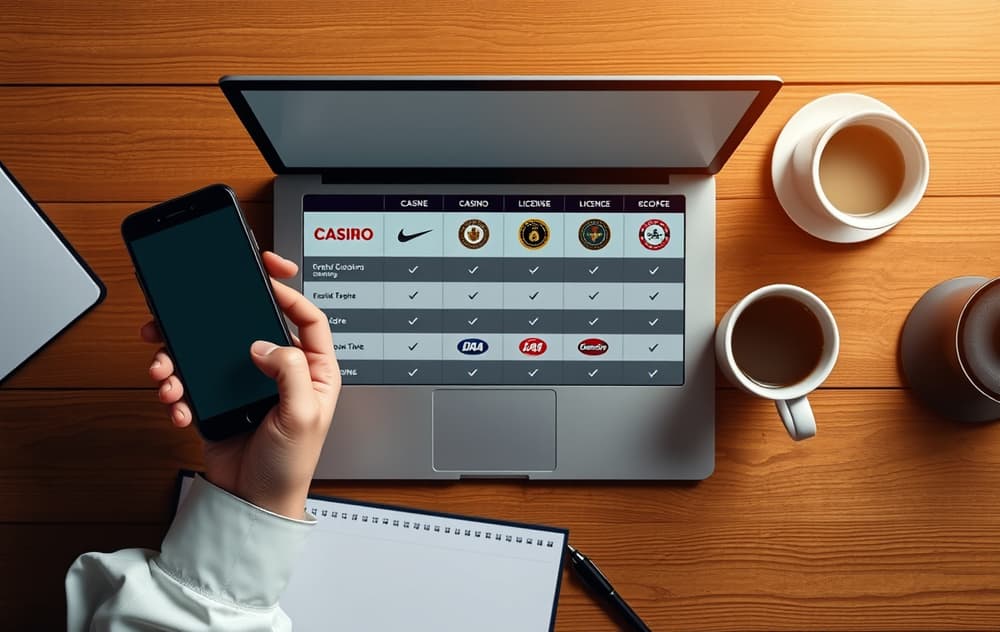 En person som sammenligner casinoer på en laptop med notatblokk og kaffekopp, topp-ned perspektiv.