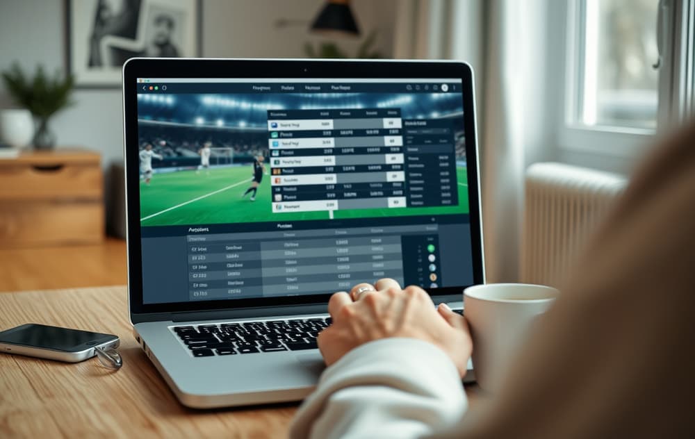 En person som sammenligner odds på en bærbar PC med en fotballkamp på skjermen og en kaffekopp ved siden av.