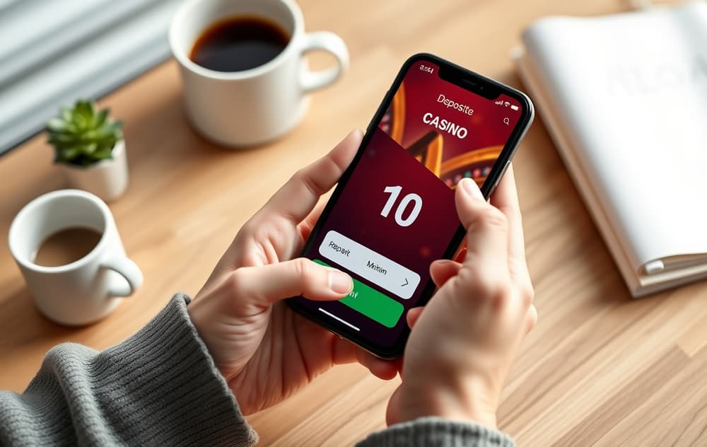 Smarttelefon med casino-innskuddsskjerm som viser 10 kr minimum, ved siden av kaffekopp og potteplante.