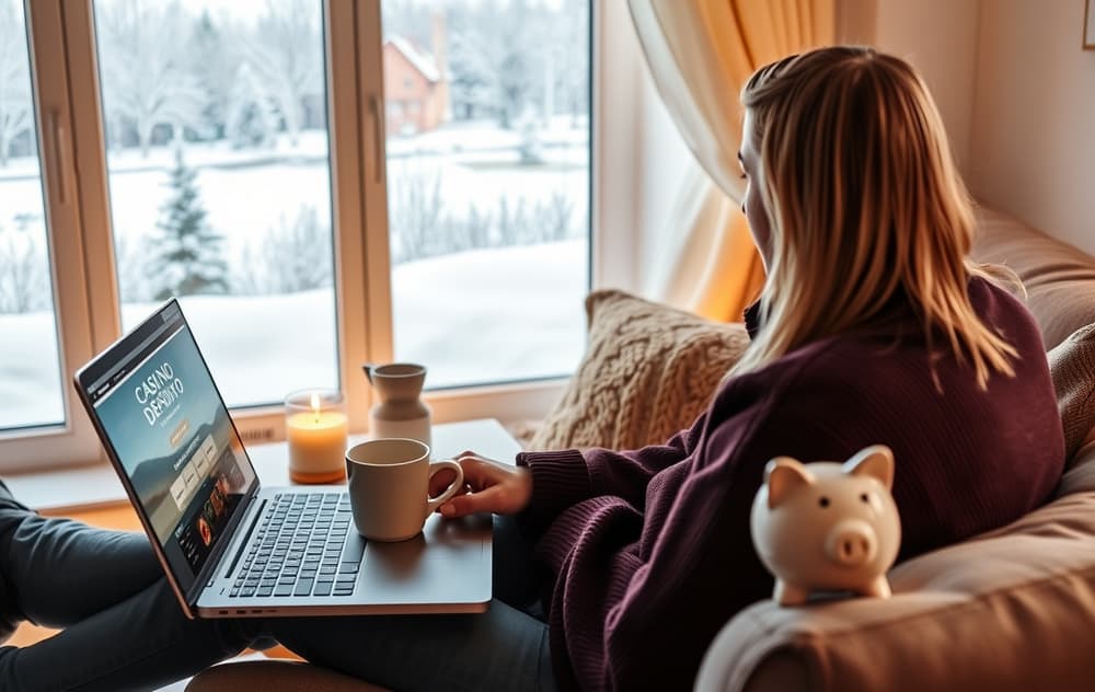 En person som spiller på et nettcasino med lavt innskudd fra en stue med kaffekopp og sparegris
