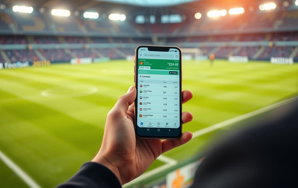 Person med mobil som viser fotballodds og live-score på en bettingside, med fotballstadion i bakgrunnen.