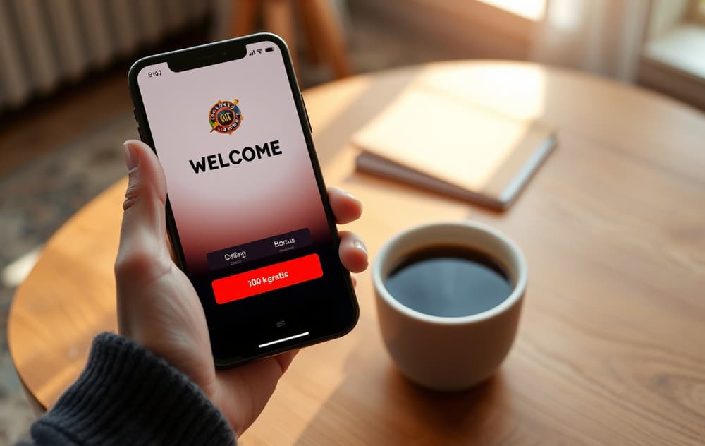 Mobilskjerm med 100 kroner gratis casino-bonus, kaffekopp og trebord.
