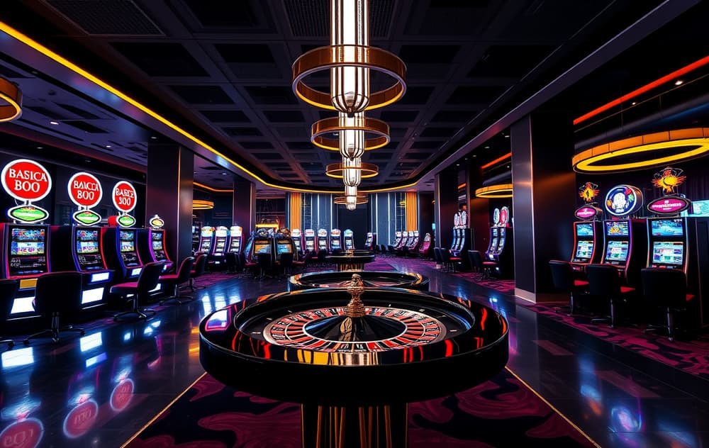 Highroller Casino – moderne casinolobby med roulettebord og spilleautomater i neonlys