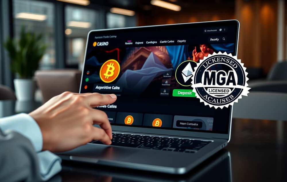 Laptop med kryptocasino-lobby og MGA-lisensmerke, hånd klar til å klikke innskudd.