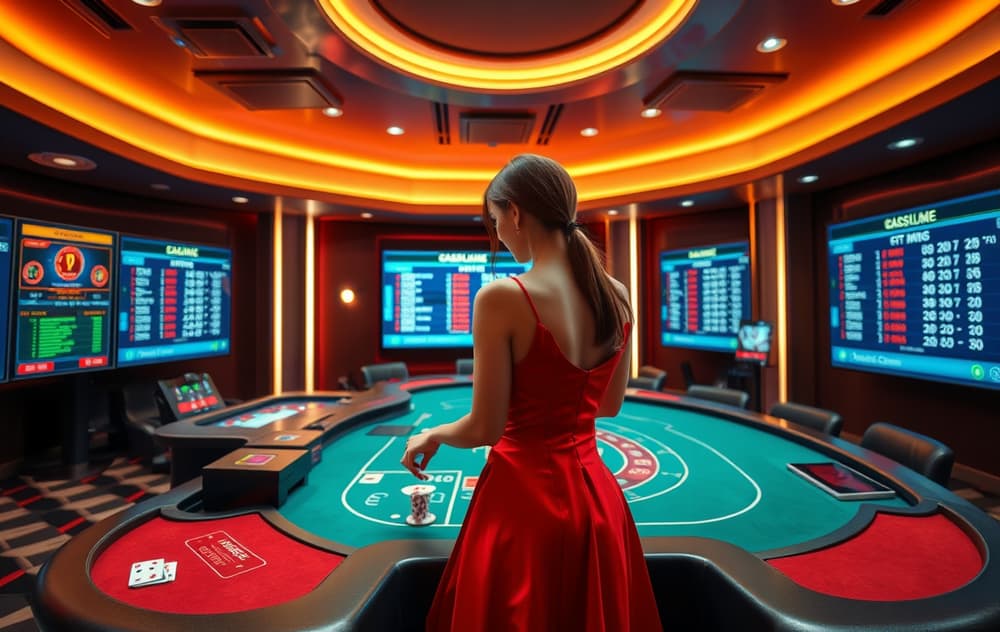 Live casino-studio med ekte dealer ved blackjack-bord