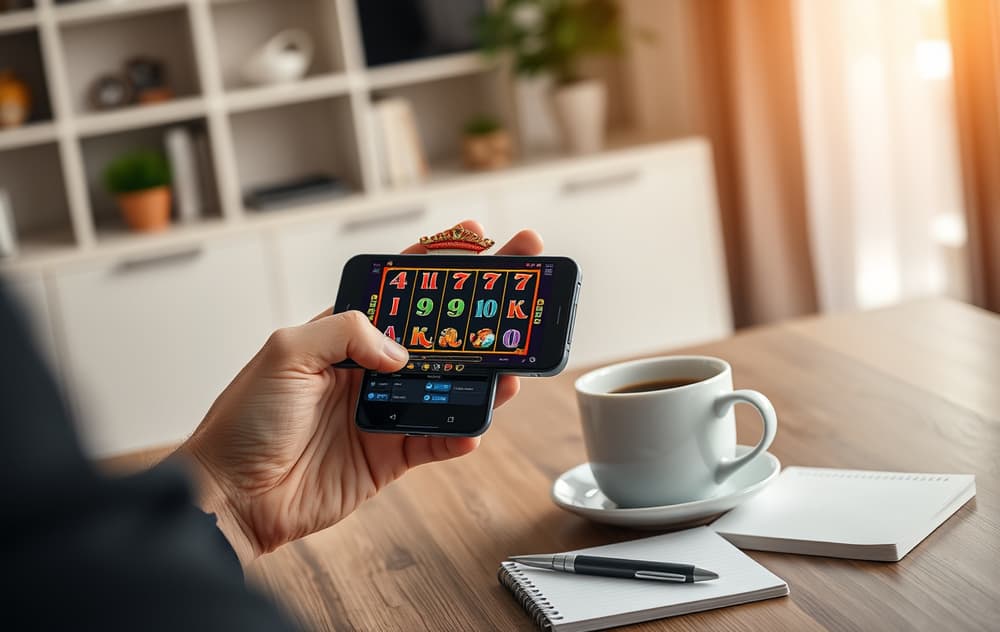 Person som spiller på mobilcasino ved et skrivebord med kaffekopp og notatblokk