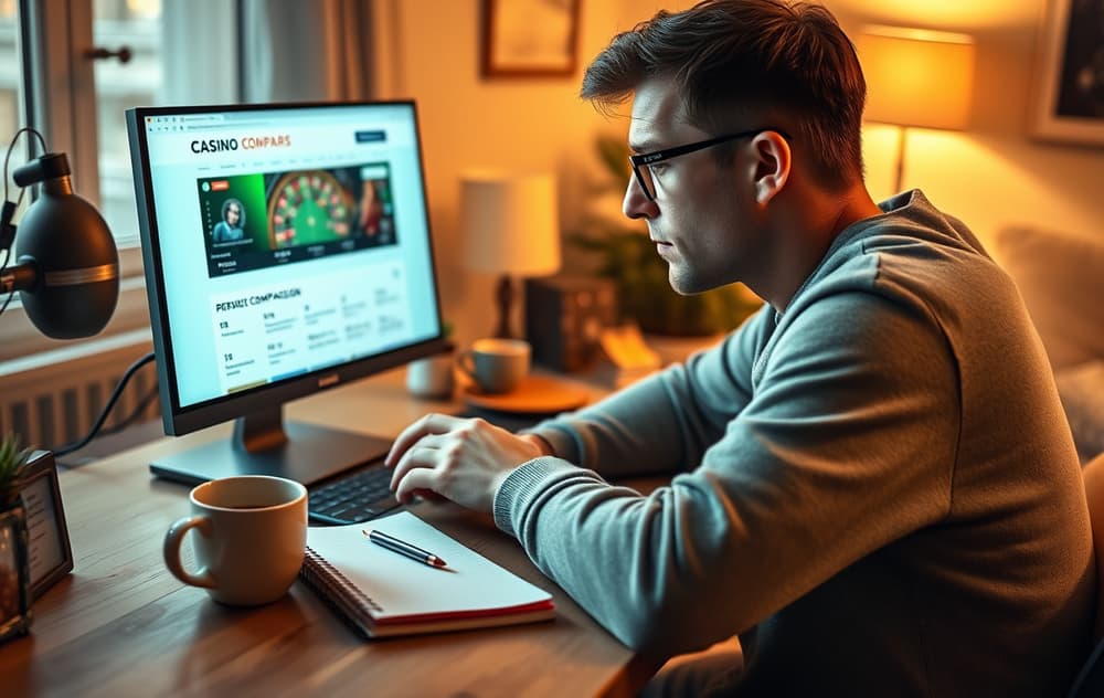 Person som sammenligner nettcasino på bærbar PC med kaffekopp og notatblokk