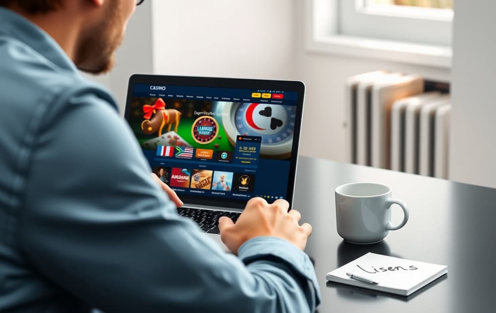 En person som vurderer et nettcasino på en laptop, med en kaffekopp og en notatblokk med ordet 'lisens'.