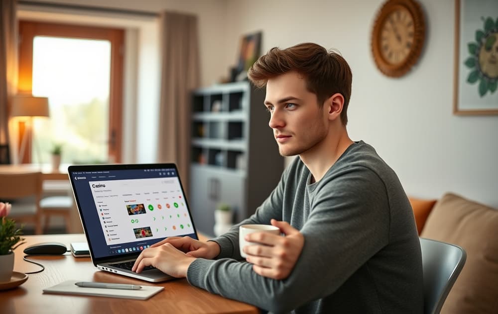 Norsk person som sammenligner casinoer på nett med laptop