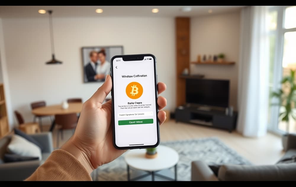 Mobilskjerm som viser bekreftelse på uttak av kryptovaluta fra et nettcasino.