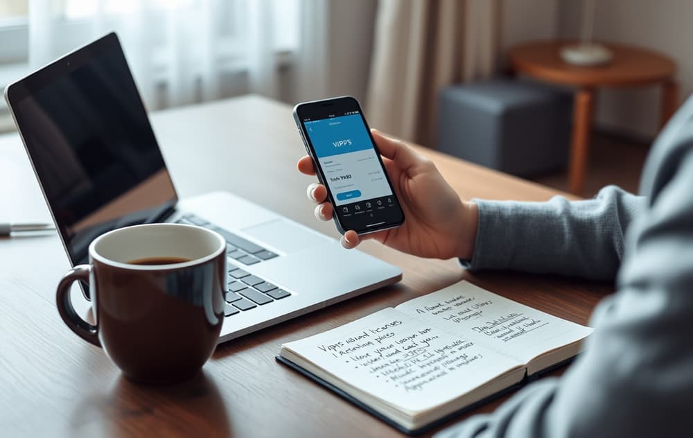 Person som sjekker uttak på mobilen med Vipps, notatbok med lisensnotater ved siden av