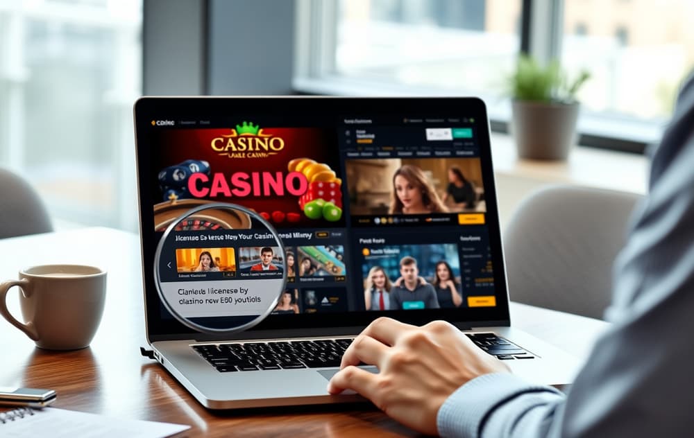 En person sammenligner to casino-nettsider på en bærbar PC, med forstørrelsesglass over lisensinformasjonen
