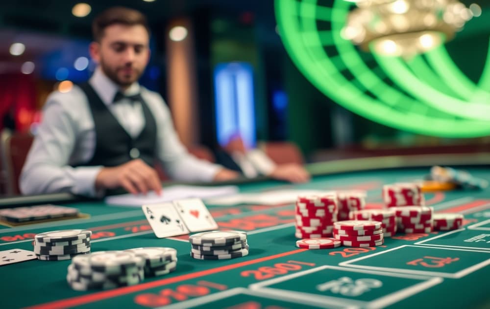 Live baccarat-bord med dealer og spillkort