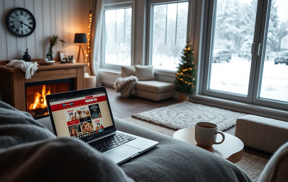 Norsk stue med laptop som viser bingo på nett, kaffekopp og snø utenfor vinduet