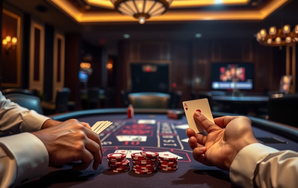 Blackjack-bord med dealer og spillerkort i et dempet casino-lys.