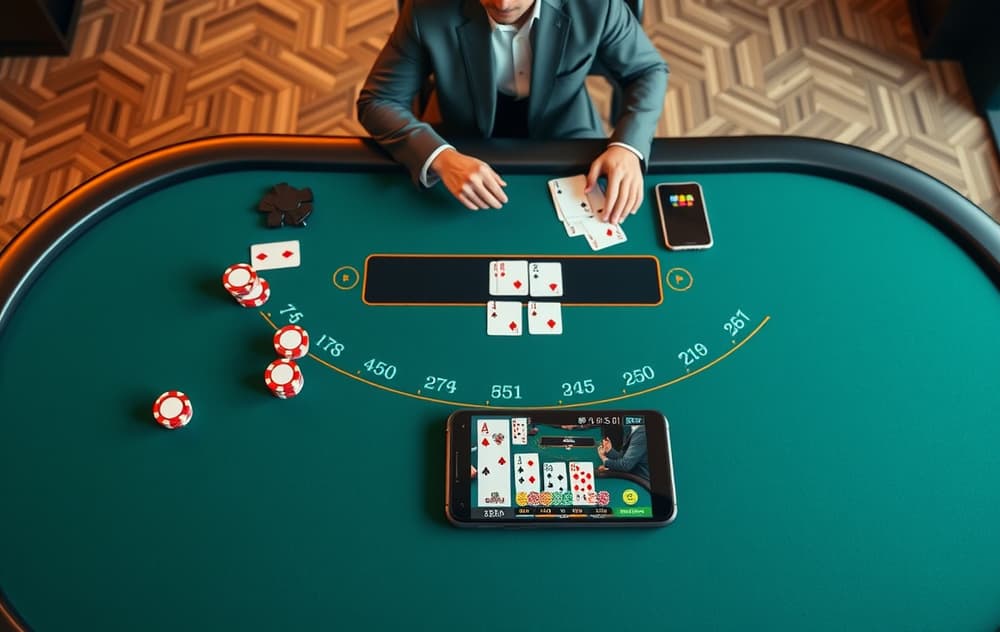 Live blackjack-bord med dealer og kort, ved siden av en mobiltelefon som viser samme spill – illustrasjon av bordspill på nett.