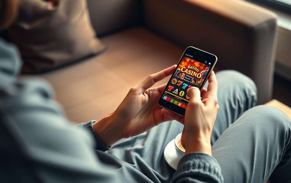 Person som spiller casinospill på mobiltelefon i stuen.